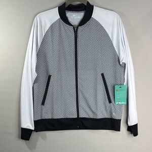 Birdies Ladies White & Gray Patterned Zip Bomber Jacket with Black Trim